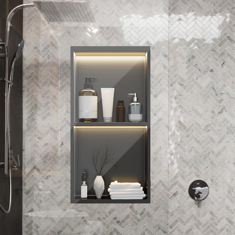 Vercraft 24 x 12 Inch LED Light Shower Niche Stainless Steel Niche No Tile Needed with Light Double Layer Recessed Wall Niche Insert Shower Niche Shower for Bathroom StorageBlack