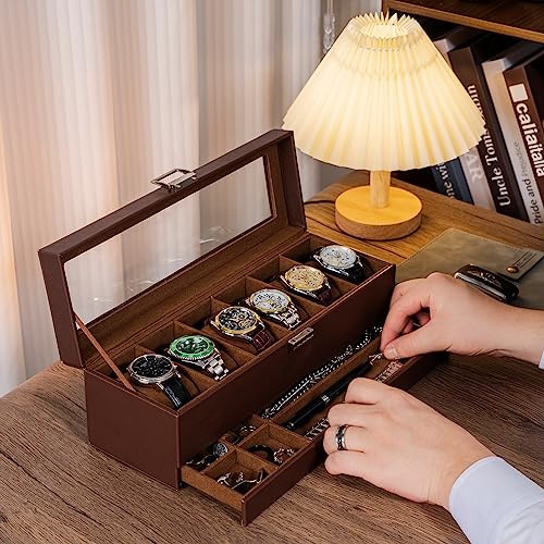 Procase صندوق ساعة بروكيس للرجال، علبة عرض ساعات بـ 6 فتحات مع درج، علبة ساعات للرجال مع غطاء زجاجي، منظم تخزين مجوهرات وساعات بطبقتين للرجال والنساء - 6 فتحات، إسبريسو - Image 5