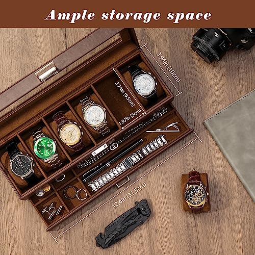Procase صندوق ساعة بروكيس للرجال، علبة عرض ساعات بـ 6 فتحات مع درج، علبة ساعات للرجال مع غطاء زجاجي، منظم تخزين مجوهرات وساعات بطبقتين للرجال والنساء - 6 فتحات، إسبريسو - Image 2