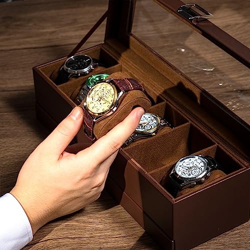 Procase صندوق ساعة بروكيس للرجال، علبة عرض ساعات بـ 6 فتحات مع درج، علبة ساعات للرجال مع غطاء زجاجي، منظم تخزين مجوهرات وساعات بطبقتين للرجال والنساء - 6 فتحات، إسبريسو - Image 4