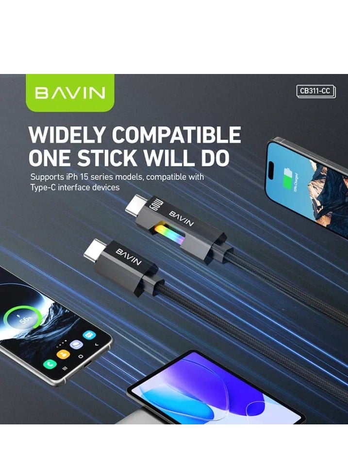 BAVIN CB311 60W Type-C To Type-C Fast Charging Cable Nylon Braided Cord With RGB Light Suitable For Android & iPh Devices - Image 3
