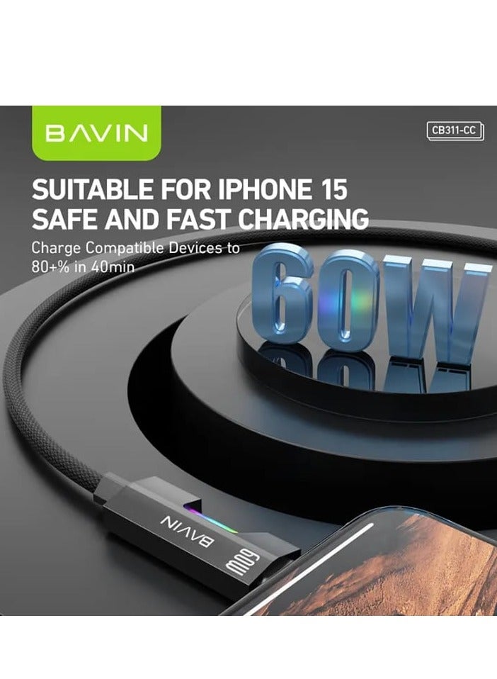 BAVIN CB311 60W Type-C To Type-C Fast Charging Cable Nylon Braided Cord With RGB Light Suitable For Android & iPh Devices - Image 2