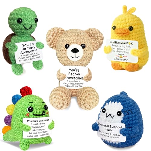 AicooFest Positive Crochet Animals 5PCS Knitted Turtle Dino Duck Easter Basket Essentials Stuffers for Teens Mini Emotional Support Crochet Animals with Messages Funny Small Birthday Gift for Friends - Image 1