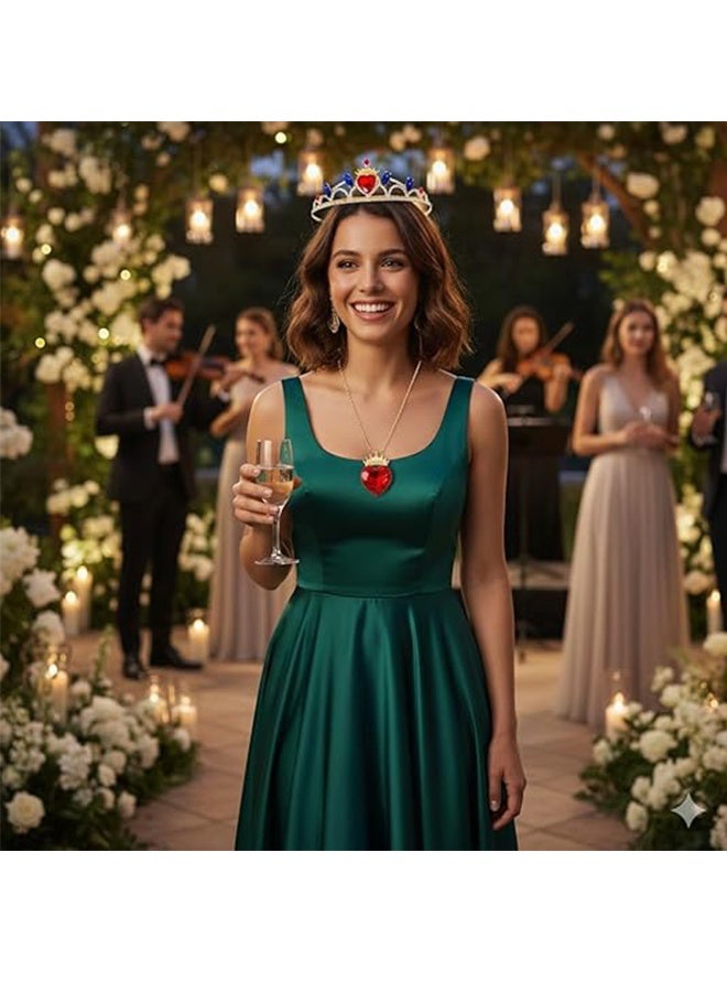 كوانتوم طقم قلادة وتاج على شكل قلب أحمر، طقم مجوهرات تاج ذهبي، إكسسوارات زي أميرة ملكية لحفلات تنكرية للبنات - Image 4