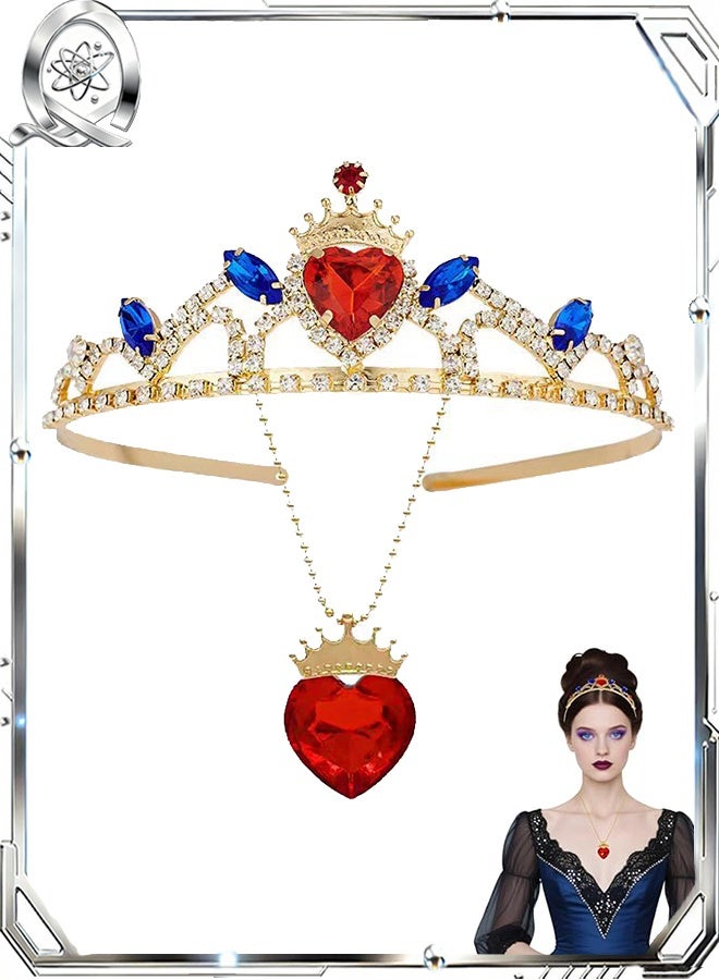 كوانتوم طقم قلادة وتاج على شكل قلب أحمر، طقم مجوهرات تاج ذهبي، إكسسوارات زي أميرة ملكية لحفلات تنكرية للبنات - Image 1