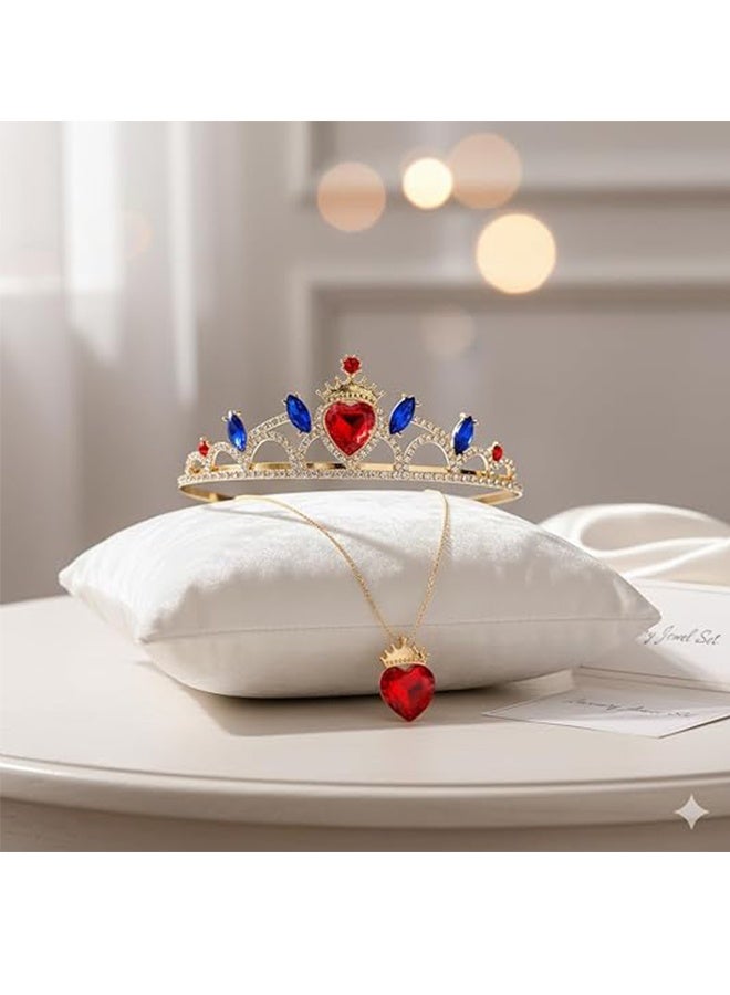 كوانتوم طقم قلادة وتاج على شكل قلب أحمر، طقم مجوهرات تاج ذهبي، إكسسوارات زي أميرة ملكية لحفلات تنكرية للبنات - Image 5