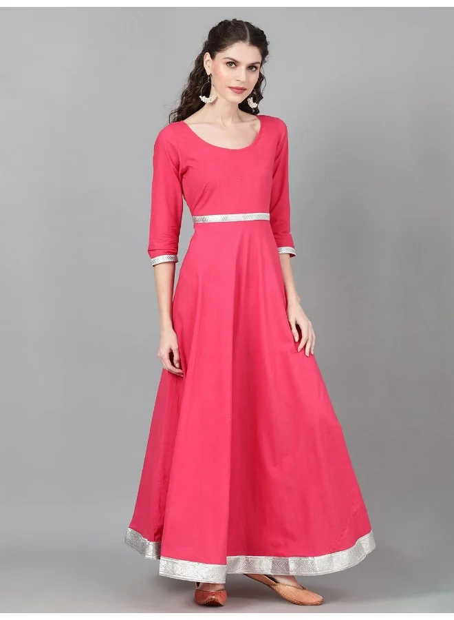 AKS Magenta Solid Maxi With Orange Bandhani Dupatta