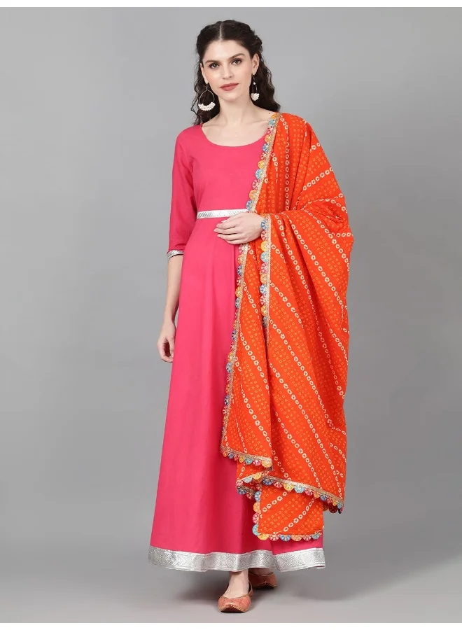 AKS Magenta Solid Maxi With Orange Bandhani Dupatta