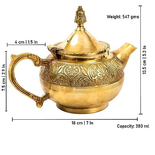 Putrika Traditional Handcrafted Brass Tea Kettle Tea Pot Engraved Design Pot Coffee Pots Serving Tea And Coffee Beverages Antique Brass Look Kettle Decorative Tea Pot Medium Gold - Image 3