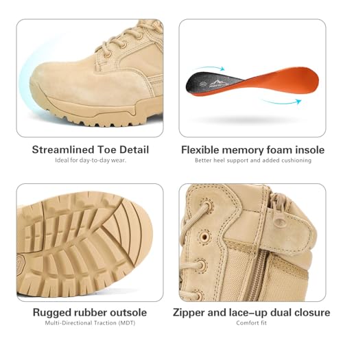 NORTIV 8 Mens Military Tactical Work Boots Hiking Side Zip Leather Outdoor Motorcycle Combat Boots Response,Size 7,Sand - Image 3