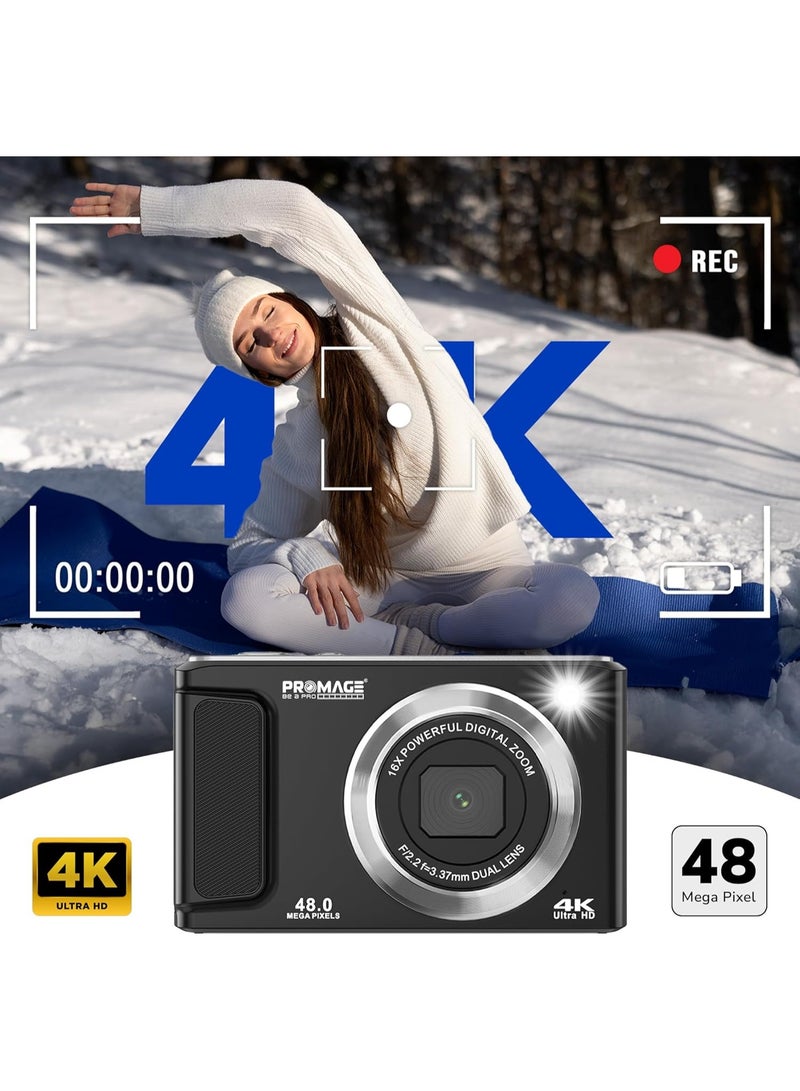 برو ميج كاميرا رقمية PROMAGE PC140 باللون الأبيض – صور بدقة 48 ميجابكسل، فيديو 4K، شاشة IPS مقاس 2.8 بوصة، تقريب 16X، شحن بمنفذ Type-C، دعم بطاقة TF حتى 256 جيجابايت، مع حقيبة SOLIBAG - Image 2