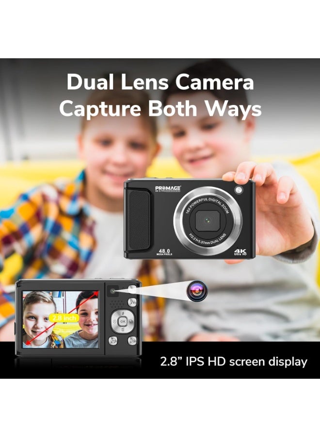 برو ميج كاميرا رقمية PROMAGE PC140 باللون الأبيض – صور بدقة 48 ميجابكسل، فيديو 4K، شاشة IPS مقاس 2.8 بوصة، تقريب 16X، شحن بمنفذ Type-C، دعم بطاقة TF حتى 256 جيجابايت، مع حقيبة SOLIBAG - Image 4