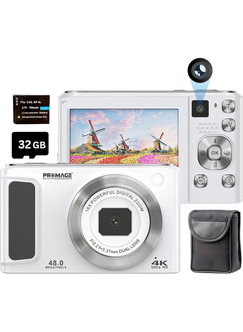 برو ميج كاميرا رقمية PROMAGE PC140 باللون الأبيض – صور بدقة 48 ميجابكسل، فيديو 4K، شاشة IPS مقاس 2.8 بوصة، تقريب 16X، شحن بمنفذ Type-C، دعم بطاقة TF حتى 256 جيجابايت، مع حقيبة SOLIBAG - Image 1