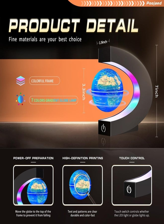 Poojaed Magnetic Levitating Floating Globe with 7 Colored Lamp, World Globe for Men Father Boy Girl, Birthday Gifts Office Home Desk Toy Decor Display Frame, Cool Tech Gadgets Gifts - Image 2
