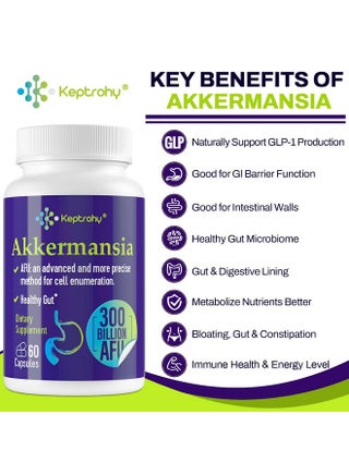 Keptrohy GLP-1 Supplement - 300 Billion AFU Akkermansia Probiotic for Women  & Men, Akkermansia Muciniphila for GLP-1 Production, Digestive, Gut, Immune  Health, Enhances Gut Digestive Lining function, 60 Count
