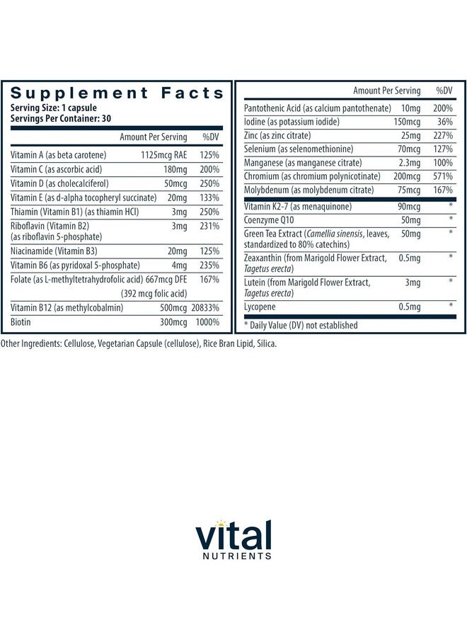 Vital Nutrients - Vital Nutrients Once Daily Multivitamin | Vegan Multi for Women & Men | Allergen-Free | 19 Essential Vitamins + Antioxidants for Eye and Heart Health | Gluten, Dairy & Soy-Free | 30 Capsules - Image 1