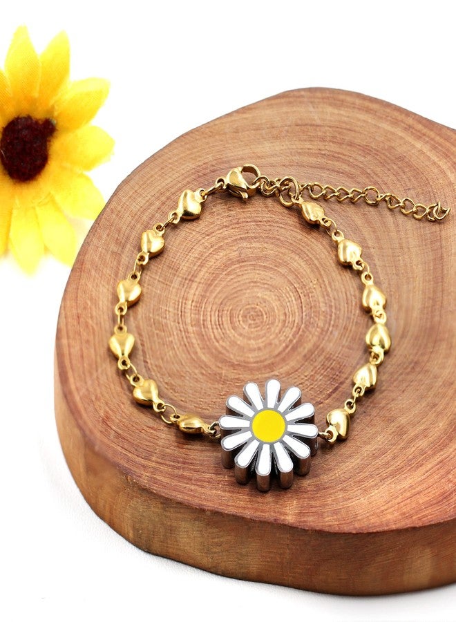 Uloveido Dainty Daisy Flower Bracelets Link Chain Bracelet Adjustable Heart Bracelet her Birthday Valentines Gifts for Women Female Friend her (Gold) - Image 3