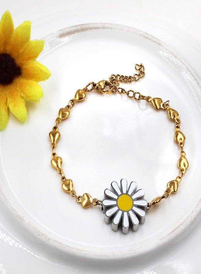 Uloveido Dainty Daisy Flower Bracelets Link Chain Bracelet Adjustable Heart Bracelet her Birthday Valentines Gifts for Women Female Friend her (Gold) - Image 4