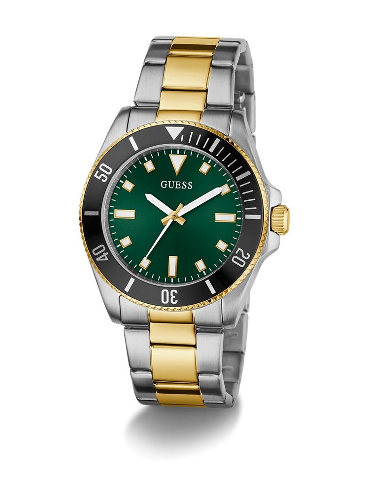GUESS ساعة كواتز للرجال من غس بتصميم ثنائي اللون، فضية وذهبية، بقرص أخضر، موديل GW0968G4 - Image 5