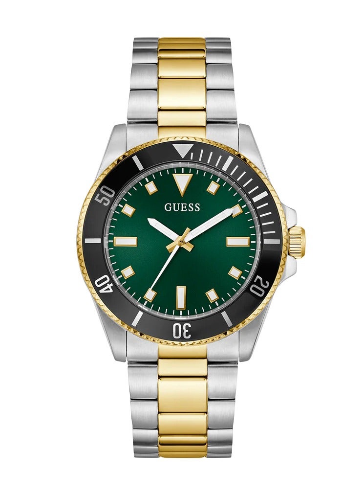 GUESS ساعة كواتز للرجال من غس بتصميم ثنائي اللون، فضية وذهبية، بقرص أخضر، موديل GW0968G4 - Image 1