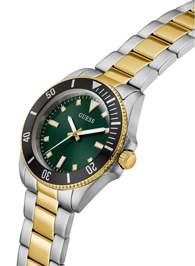 GUESS ساعة كواتز للرجال من غس بتصميم ثنائي اللون، فضية وذهبية، بقرص أخضر، موديل GW0968G4 - Image 4