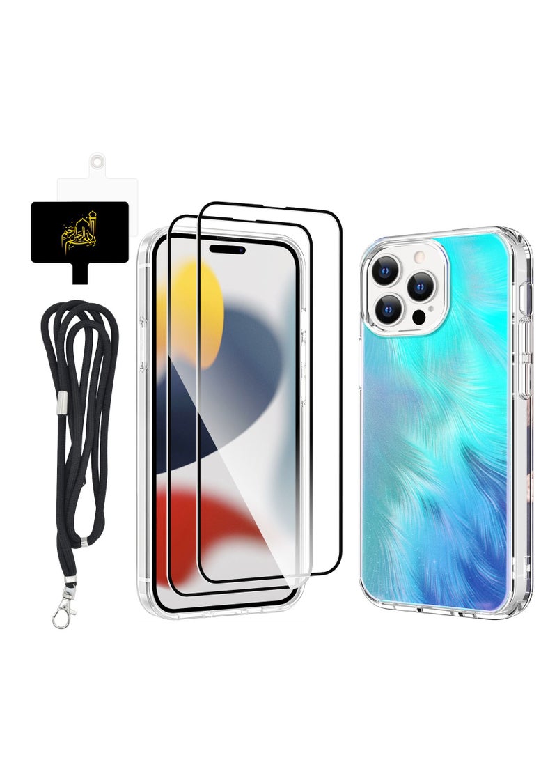 TLAXCA 4 in 1 for iPhone 15 Pro Case with 2 x Tempered Glass Screen Protector 1 x Universal Cell Phone Lanyard Fashionable Design Phone Cover for Women Girls Gradient Color - Image 1