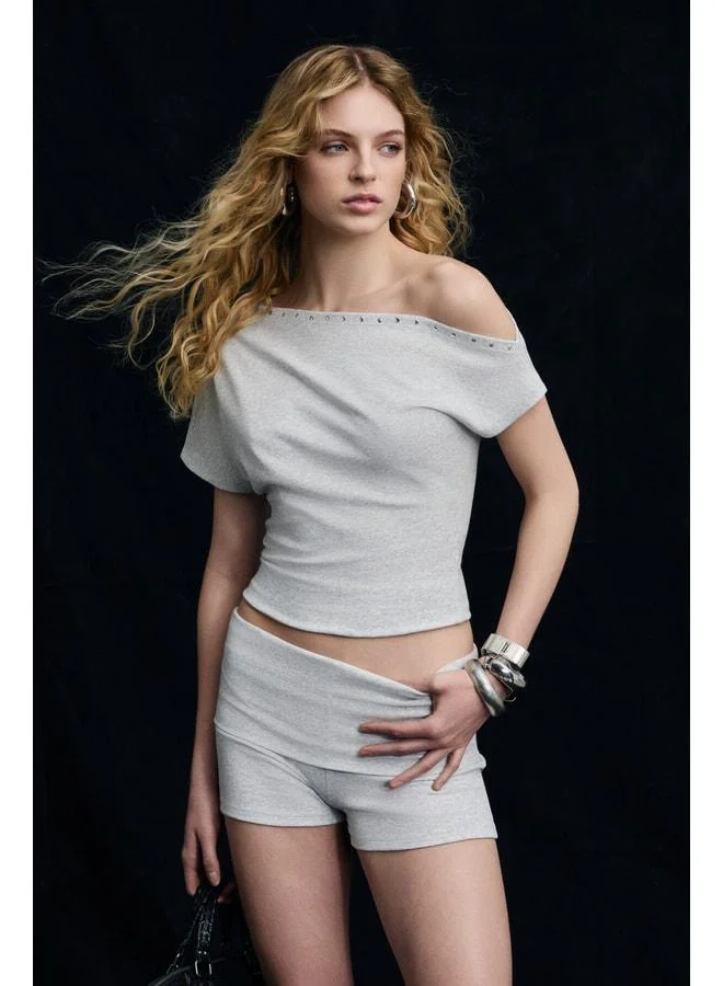 Grimelange ZOYA Women's Soft and Stretch Fabric Open-Shoulder Stone-Detailed Heathered Top and Bottom Set.