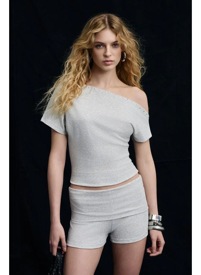Grimelange ZOYA Women's Soft and Stretch Fabric Open-Shoulder Stone-Detailed Heathered Top and Bottom Set.