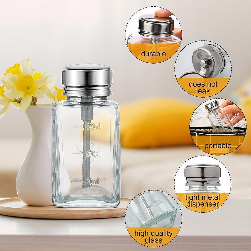 HEHIPLE 2 Pcs 6 Oz/ 180 ml Clear Pump Dispenser Bottle with Metal Flip Cover Glass Nail Polish Remover Push Down Dispenser Bottle Refillable Push Down Pump Dispenser Press Container for Makeup Remover - Image 3