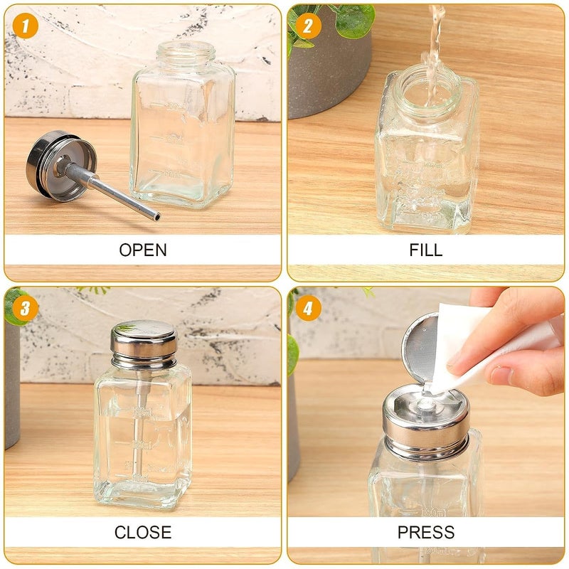 HEHIPLE 2 Pcs 6 Oz/ 180 ml Clear Pump Dispenser Bottle with Metal Flip Cover Glass Nail Polish Remover Push Down Dispenser Bottle Refillable Push Down Pump Dispenser Press Container for Makeup Remover - Image 4