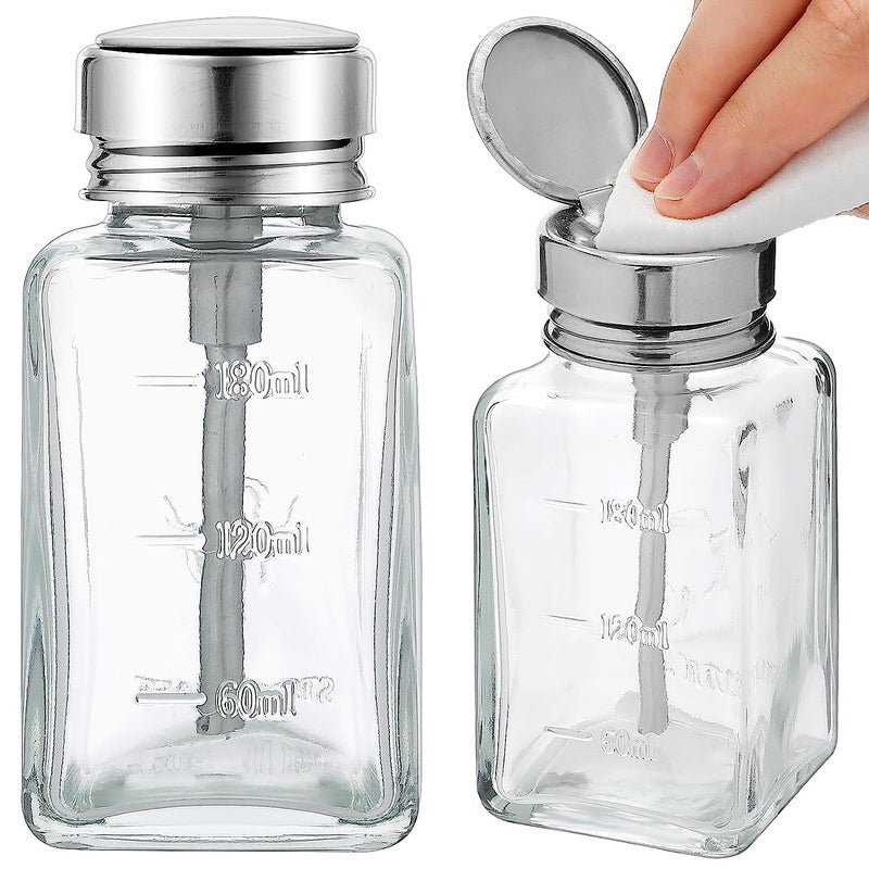 HEHIPLE 2 Pcs 6 Oz/ 180 ml Clear Pump Dispenser Bottle with Metal Flip Cover Glass Nail Polish Remover Push Down Dispenser Bottle Refillable Push Down Pump Dispenser Press Container for Makeup Remover - Image 1