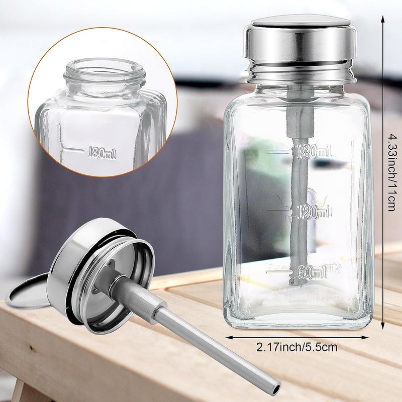 HEHIPLE 2 Pcs 6 Oz/ 180 ml Clear Pump Dispenser Bottle with Metal Flip Cover Glass Nail Polish Remover Push Down Dispenser Bottle Refillable Push Down Pump Dispenser Press Container for Makeup Remover - Image 2