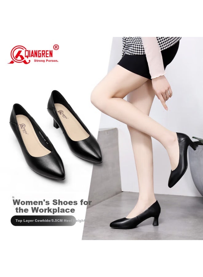 Strongman Qiangren 5.5cm Elegant Commuter Women's Shoes 3515 Stewardess Shoes Pointed Leather Shoes Jda170016 Black 36 - Image 1