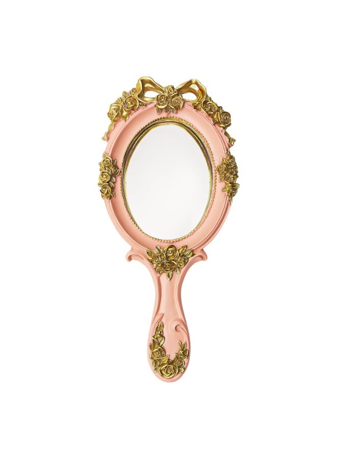 LAMAY Elegant Women's Handheld Mirror, Antique Embossed Floral Princess Pattern, Portable Travel Vanity Table Decor (Pink) - Image 2