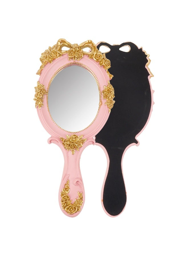 LAMAY Elegant Women's Handheld Mirror, Antique Embossed Floral Princess Pattern, Portable Travel Vanity Table Decor (Pink) - Image 1