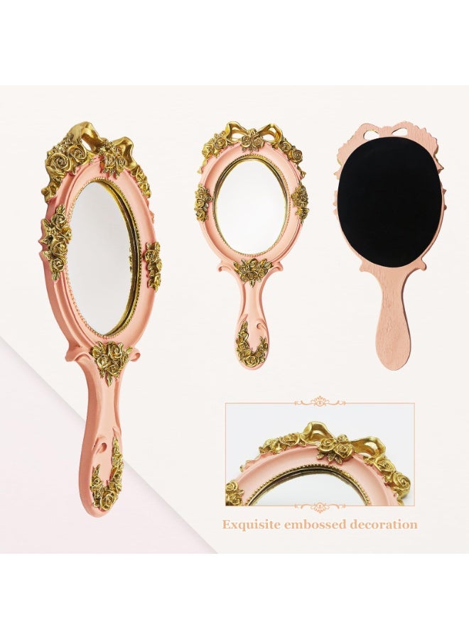 LAMAY Elegant Women's Handheld Mirror, Antique Embossed Floral Princess Pattern, Portable Travel Vanity Table Decor (Pink) - Image 5