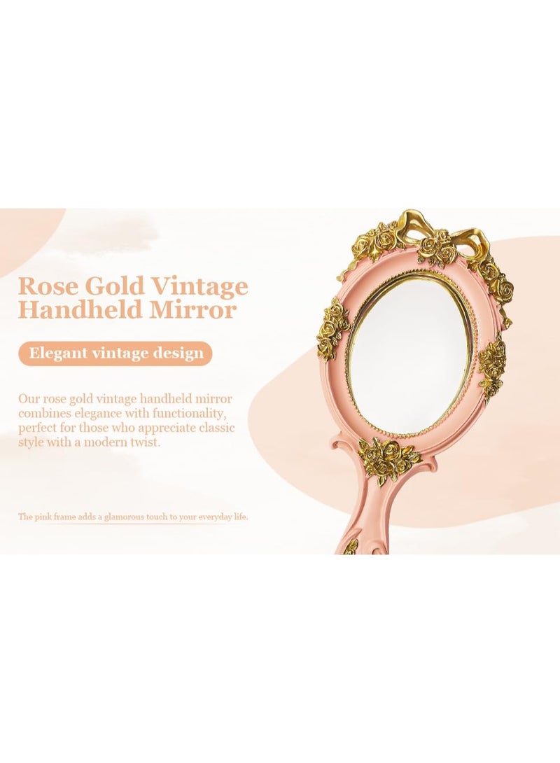 LAMAY Elegant Women's Handheld Mirror, Antique Embossed Floral Princess Pattern, Portable Travel Vanity Table Decor (Pink) - Image 3