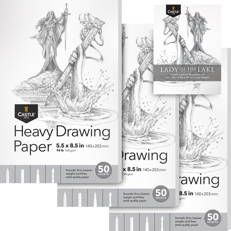 Castle Art Supplies Heavy Drawing Sketchpad Paper 5 x 8in | 3-Pack | 50 Sheets Each (160gsm/98lb) Extra White, Smooth Artist Paper | Acid Free | The Go-to Pad for All Artists (5 x 8, 3-Pack) - Image 1