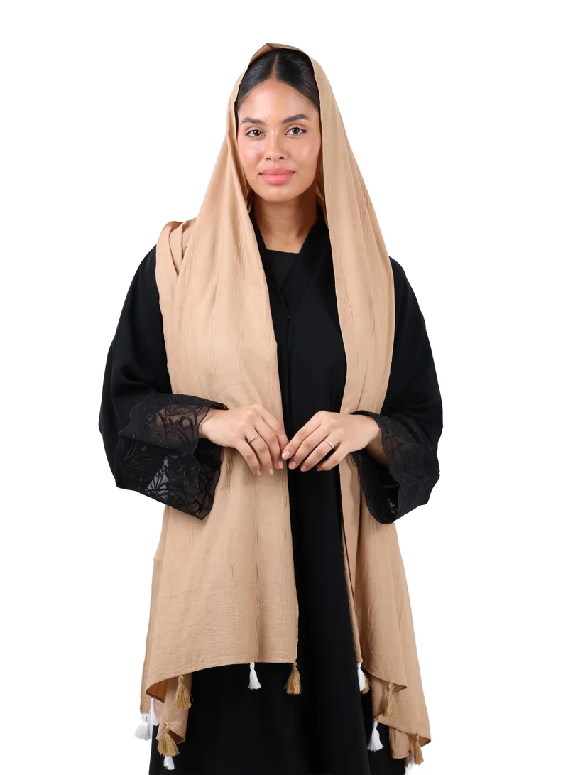 Crinkle Cotton Scarf with Tassel Trim (Camel Brown)