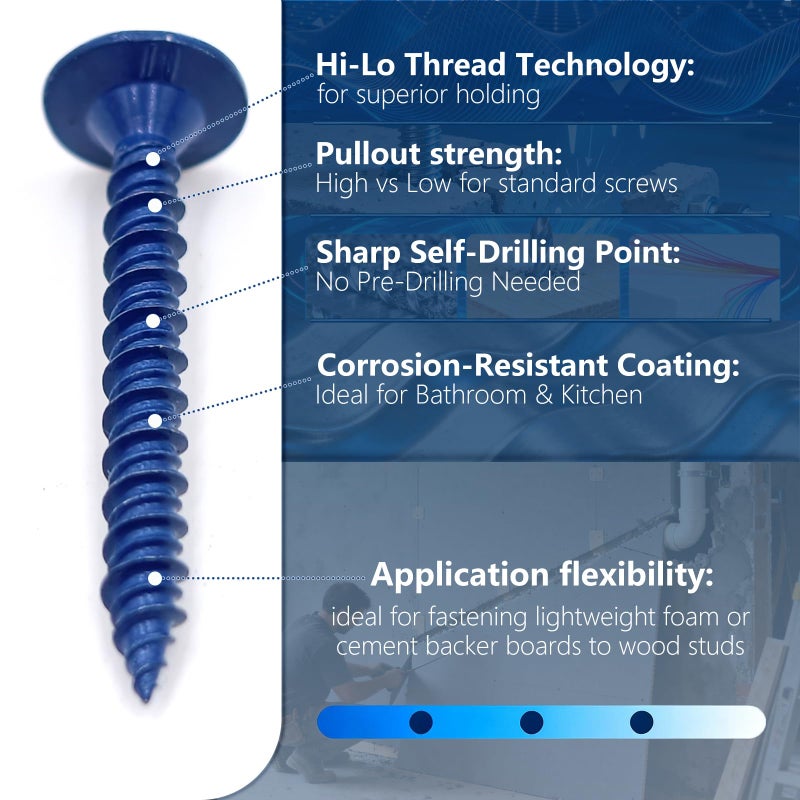 VCTGAMÂ® 1-5/8 Inch Hi-Lo Fasteners for Wood Studs (550 Pack) Compatible with GO Board Installation,Ceramic Coated Backer Board Screws for Tile, Cement Board & Shower Remodel - Reduced Splitting - Image 3
