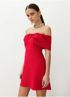 trendyol Red Carmen Collar Woven Short Dress TPRSS24EL00154  - Image 2