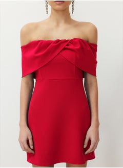 trendyol Red Carmen Collar Woven Short Dress TPRSS24EL00154  - Image 4