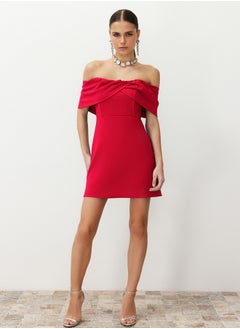 trendyol Red Carmen Collar Woven Short Dress TPRSS24EL00154  - Image 3