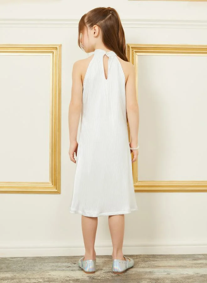 ستايلي Plisse Halter Neck Satin Dress with Keyhole Back