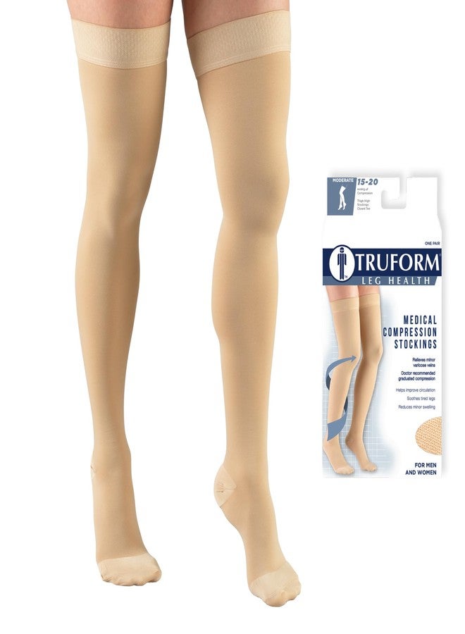 Truform 15-20 mmHg Compression Stockings for Men and Women, Thigh High Length, Dot Top, Closed Toe, Beige, Medium - Image 1