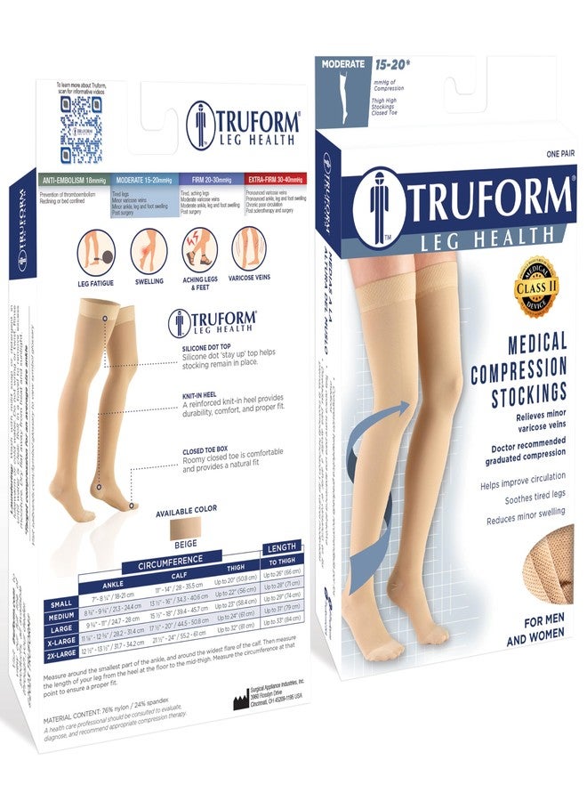Truform 15-20 mmHg Compression Stockings for Men and Women, Thigh High Length, Dot Top, Closed Toe, Beige, Medium - Image 3