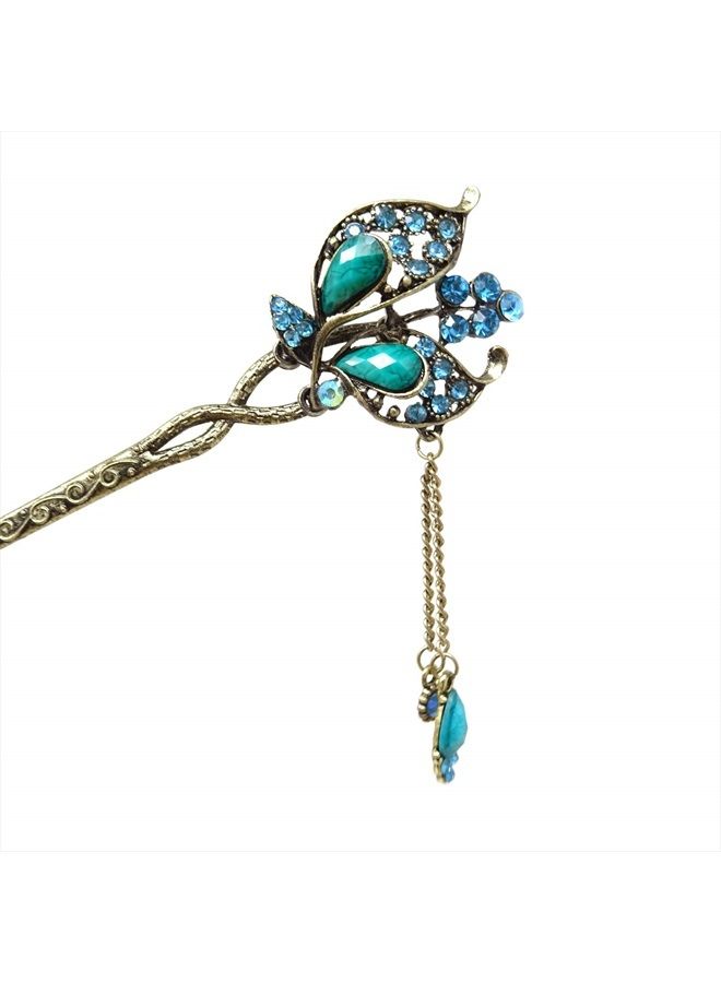 Honbay Chinese Style Retro Tassel Blue Butterfly Hair Stick Hair Chopsticks Hairpin Chignon Pin - Image 1
