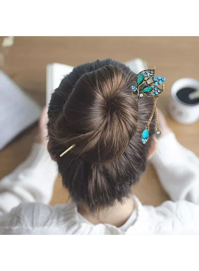 Honbay Chinese Style Retro Tassel Blue Butterfly Hair Stick Hair Chopsticks Hairpin Chignon Pin - Image 3