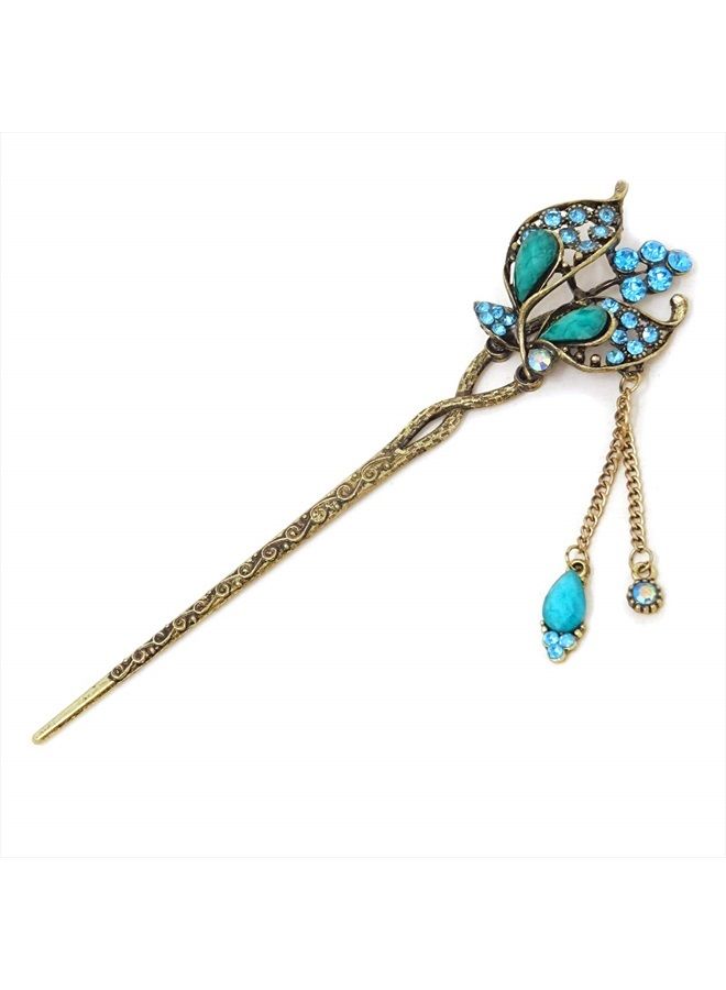 Honbay Chinese Style Retro Tassel Blue Butterfly Hair Stick Hair Chopsticks Hairpin Chignon Pin - Image 2