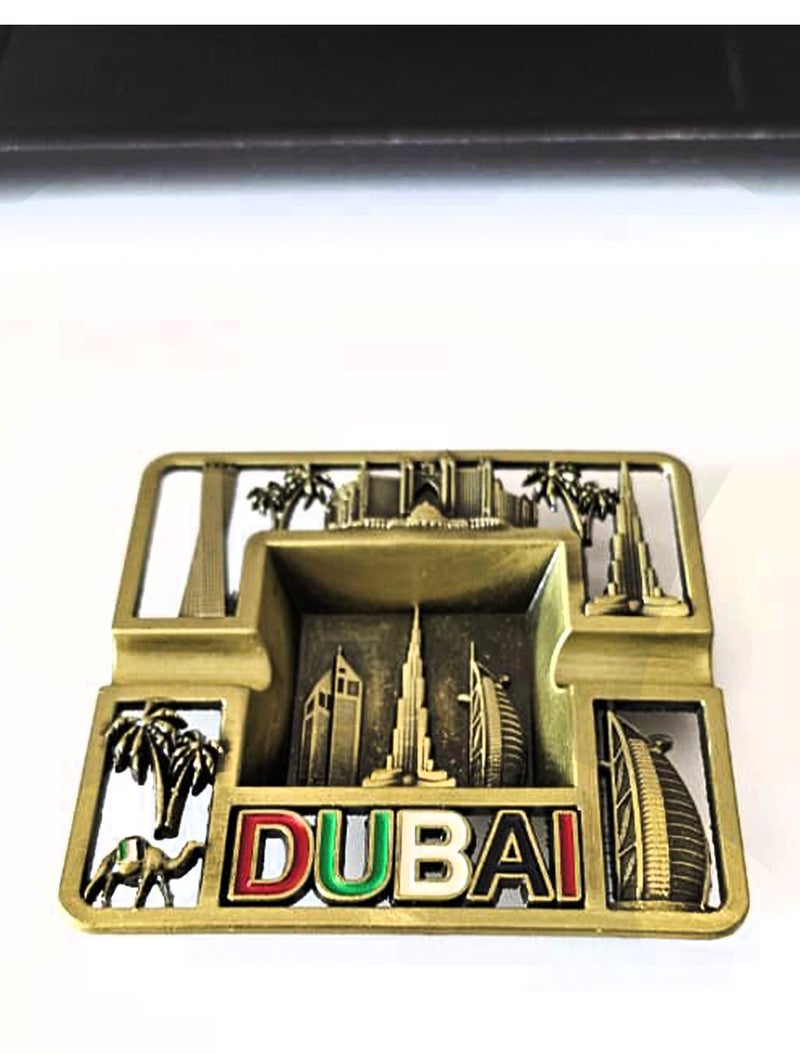 Souvenir Souq 2pcs Dubai Skyline Metal Ashtray Made of Zinc Alloy – UAE Flag Colors with Burj Al Arab, Burj Khalifa Atlantis, Camel & Palm Tree, Greenish color finish - Image 3